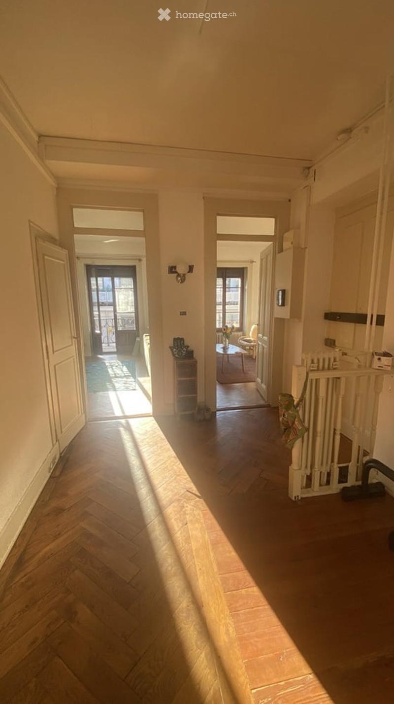 Bright hallway with wooden herringbone flooring, white walls, and multiple doors leading to different rooms. Natural light streams in from the left side, illuminating the space.