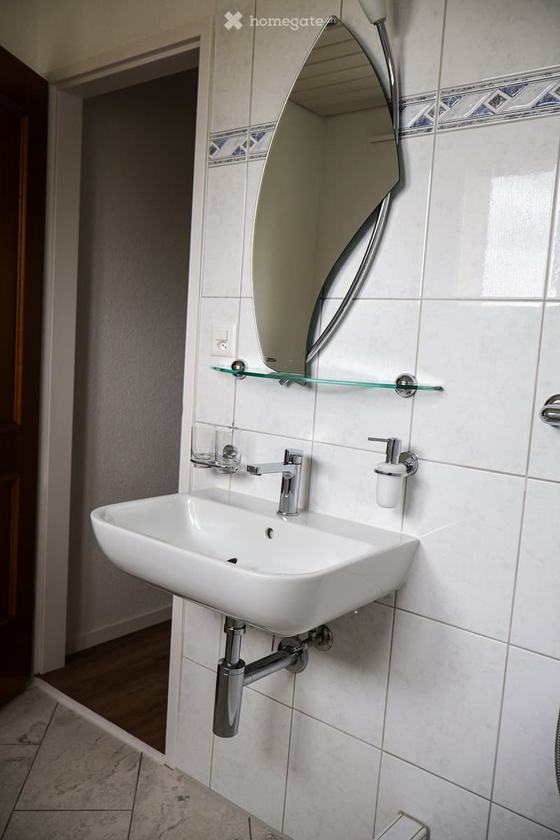 Modern bathroom with a white sink, chrome faucet, large mirror, glass shelf, and soap dispenser.
