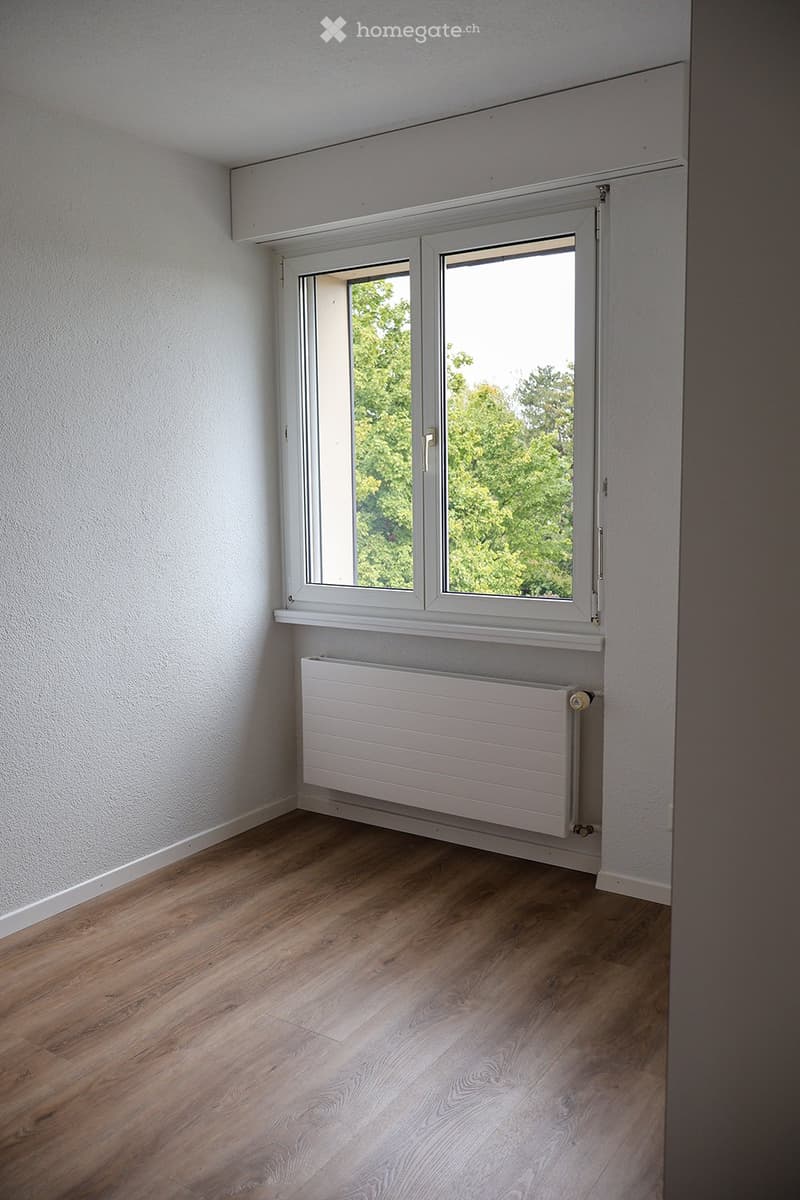 Empty room with light wooden flooring, white walls, a large window with white frame, and a white radiator below the window.