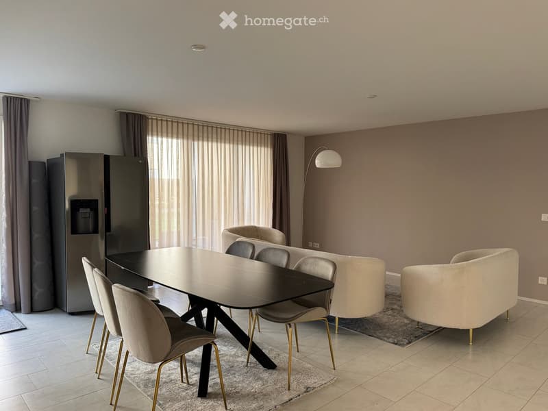 modern dining table, four chairs, refrigerator, large couch, armchairs, white tile flooring, white ceiling, floor lamp, white couch