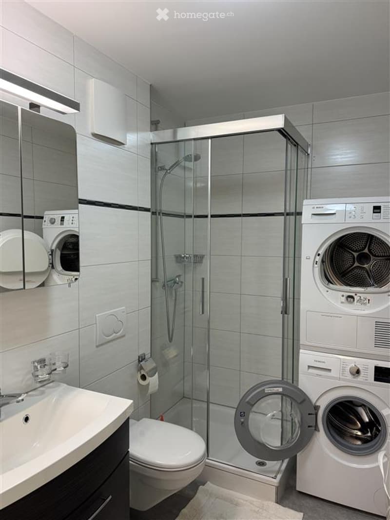 White tiles, glass shower, toilet, sink, washing machine, dryer