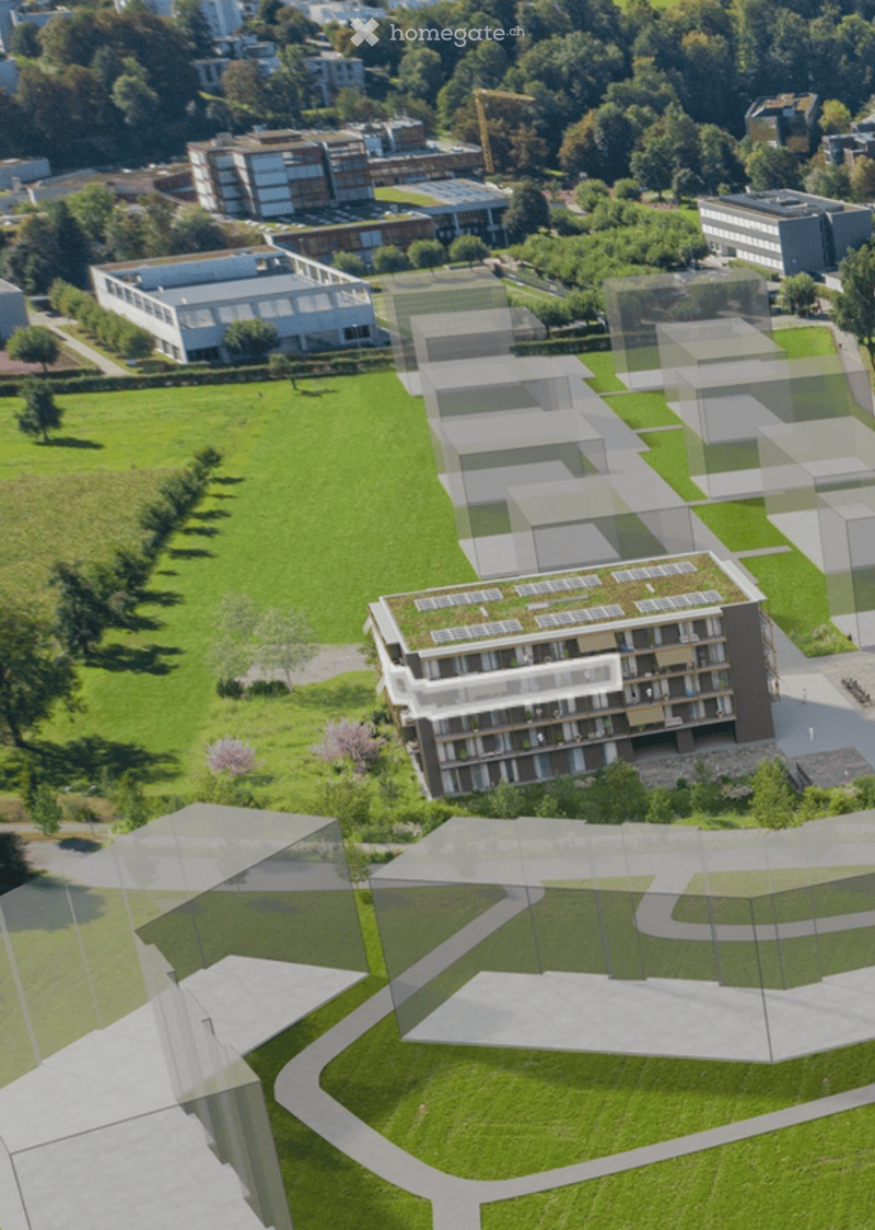 Aerial view of a modern residential complex with multiple buildings, green spaces, and pathways.