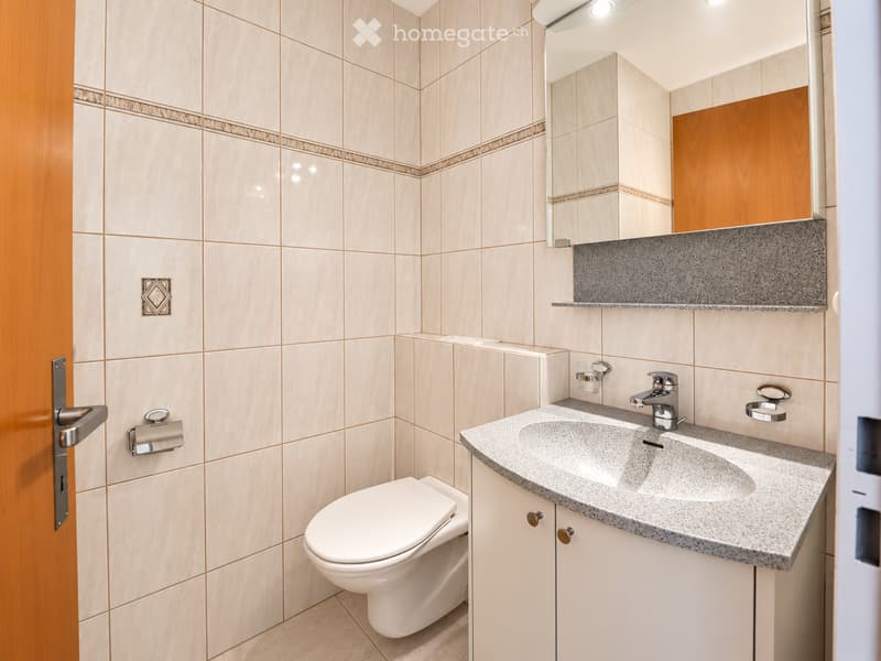 Modern bathroom with beige tiled walls, a white toilet, a granite countertop sink with a chrome faucet, a mirrored cabinet, and a wooden door.