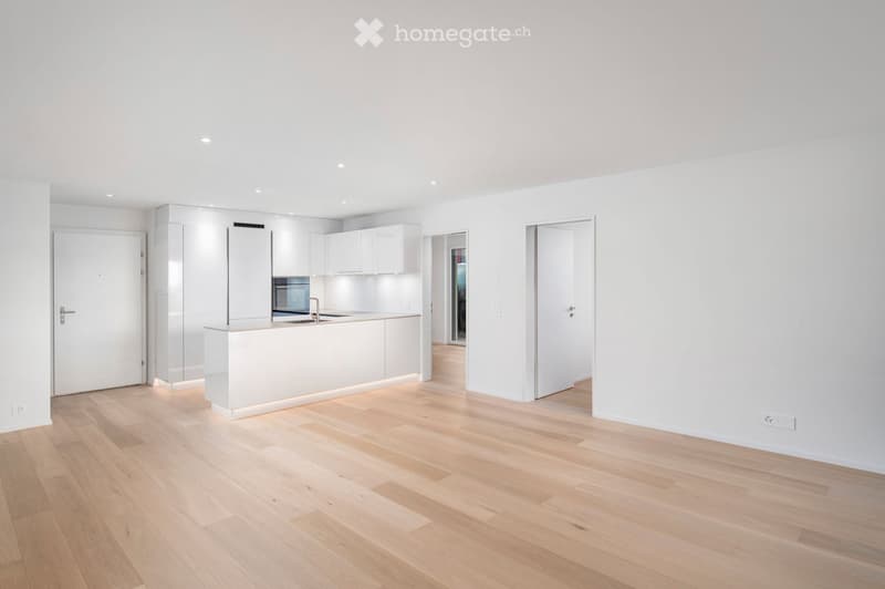 Bright, empty room with light wooden flooring and white walls. Features a white kitchen area with cabinets and a countertop, and several white doors leading to other spaces.