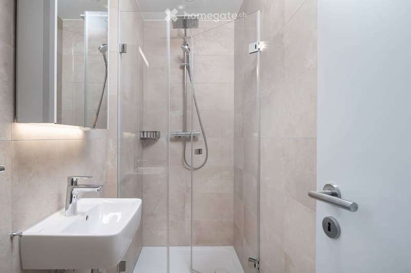 Modern bathroom with a white sink, chrome faucet, glass-enclosed shower, and a large mirror above the sink.