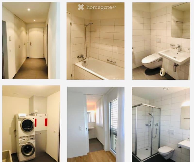 A collection of modern bathrooms and a hallway, featuring a bathtub, toilet, sink, mirror, and a glass-enclosed shower, along with a private washing machine in one of the rooms.