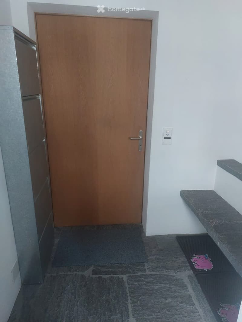 A narrow hallway with a wooden door, tiled floor, and a small shelf on the right side.