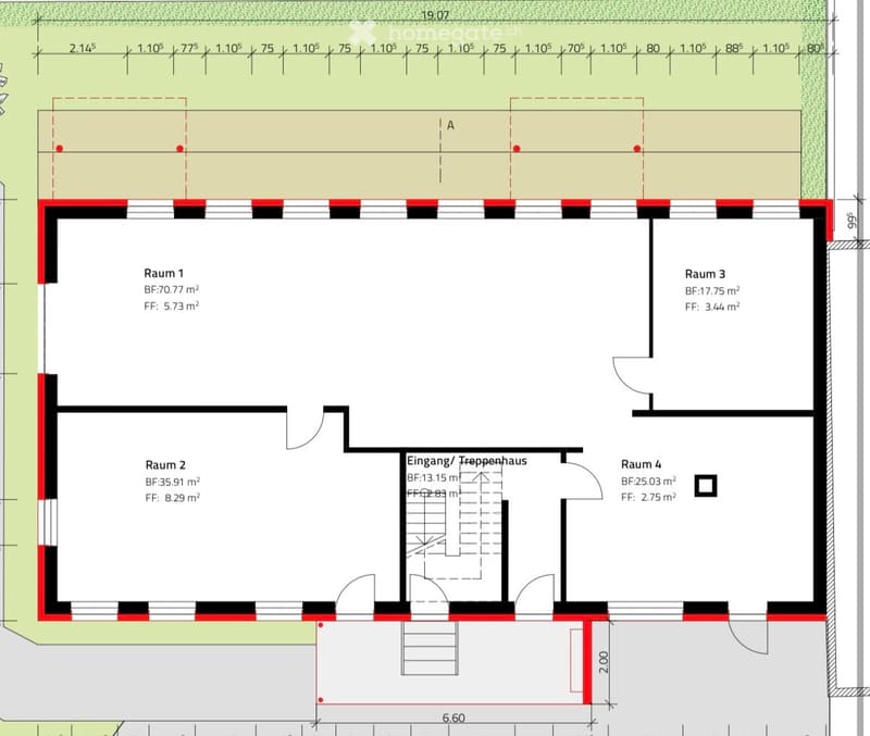 Floor plan showing four rooms (Raum 1, Raum 2, Raum 3, Raum 4), an entrance/staircase area, and dimensions for each space.