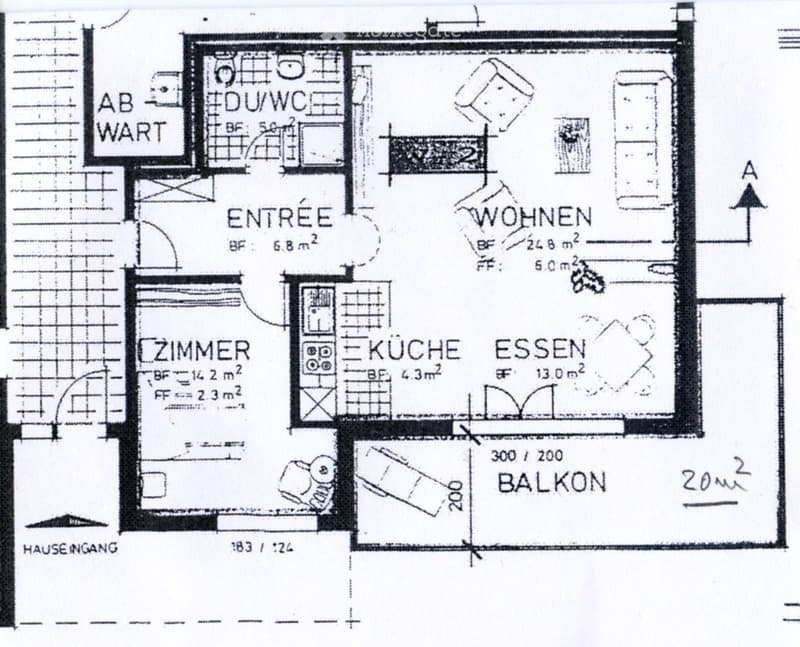 Floor plan showing entrance, living area, bedroom, kitchen, dining area, and balcony.