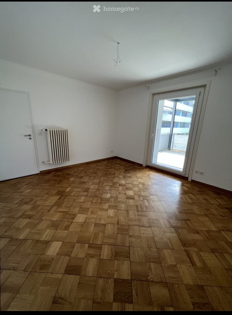 Empty room with wooden parquet flooring, white walls, a radiator, and a large sliding glass door leading to a balcony.