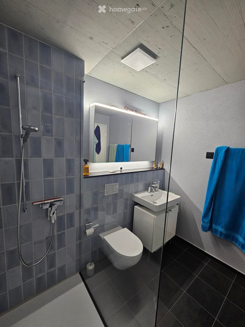 Modern bathroom with grey tiles, a toilet, a sink with a mirror, a shower, and a towel hanging on the wall.