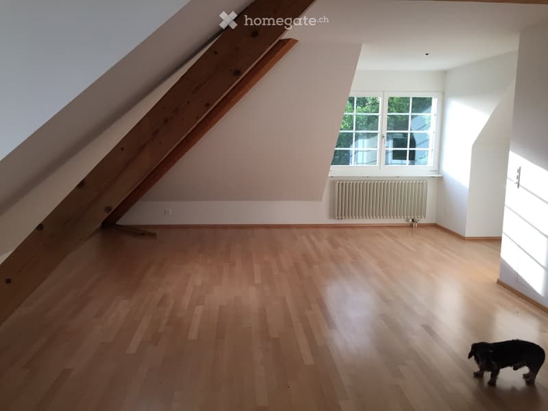 Bright, empty attic room with wooden flooring, white walls, and large windows allowing natural light. The room features exposed wooden beams and a radiator under one window.
