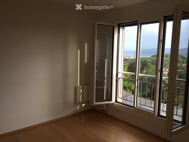 Empty room with wooden flooring, large windows, and a balcony overlooking a scenic view of trees and a body of water.