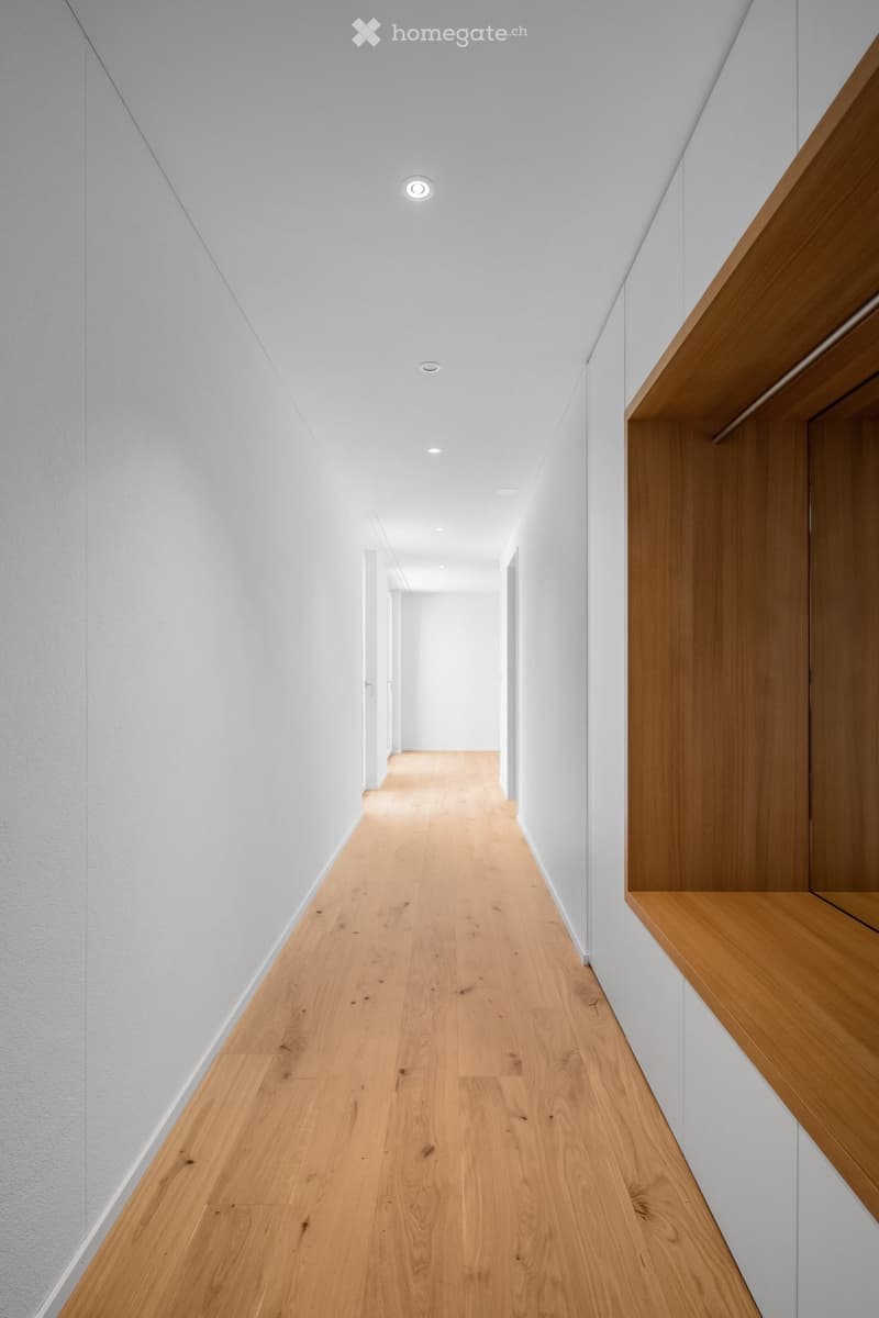Modern hallway with light wooden flooring, white walls, and built-in wooden shelving on one side.