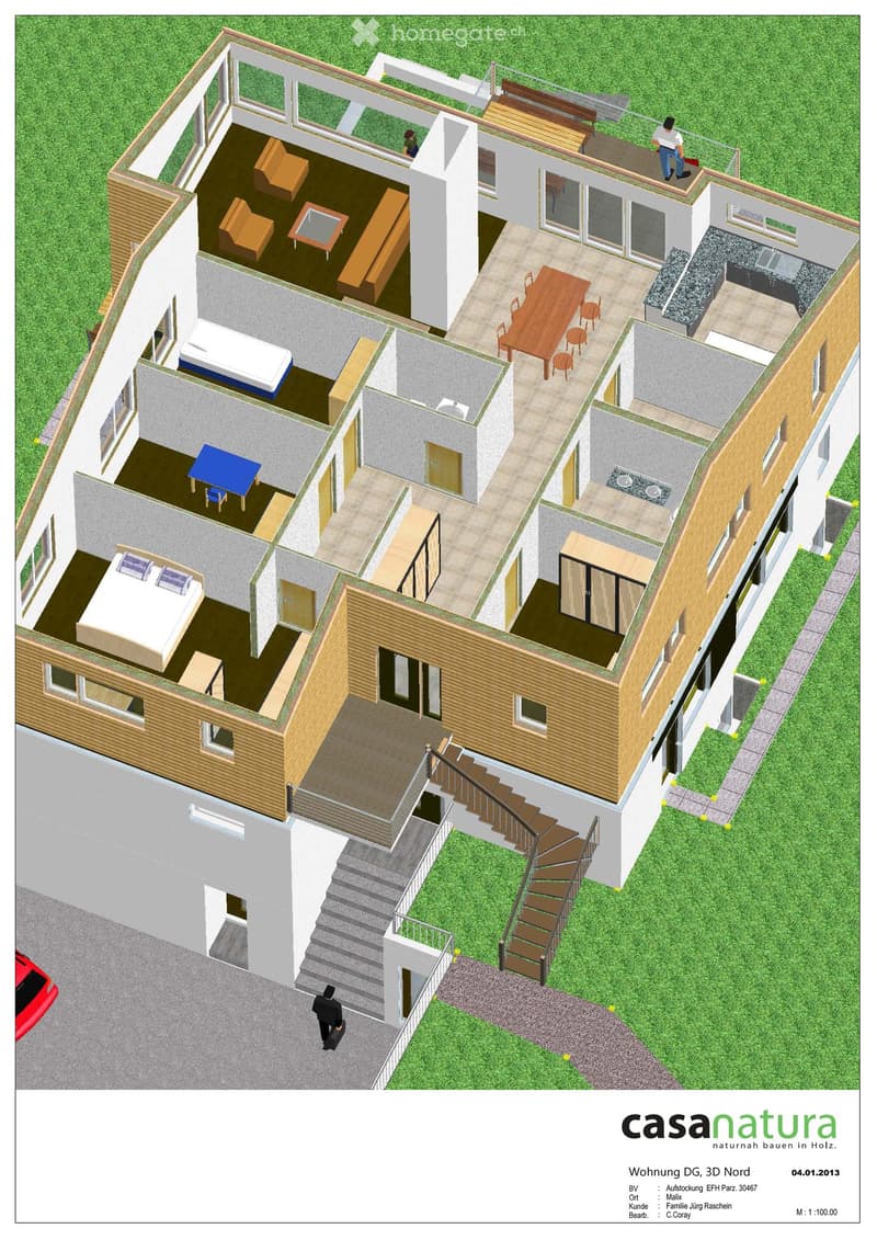 3D floor plan of a modern house with multiple rooms including living room, dining area, bedrooms, kitchen, and bathrooms. Features include a staircase, balcony, and outdoor patio.