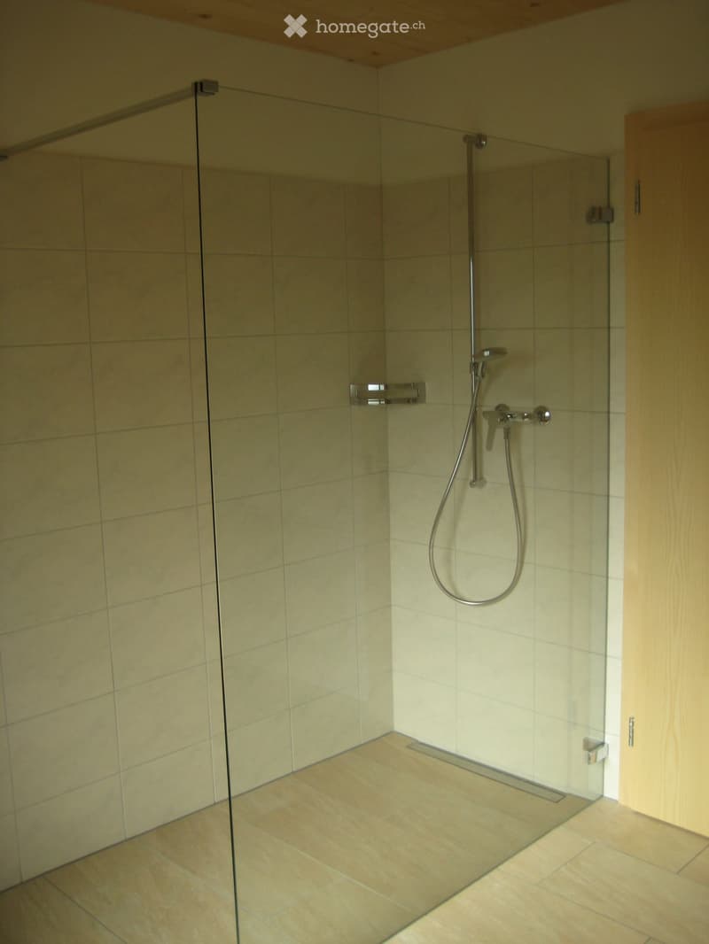 Modern shower area with glass enclosure, beige tiles, and a handheld shower hose.