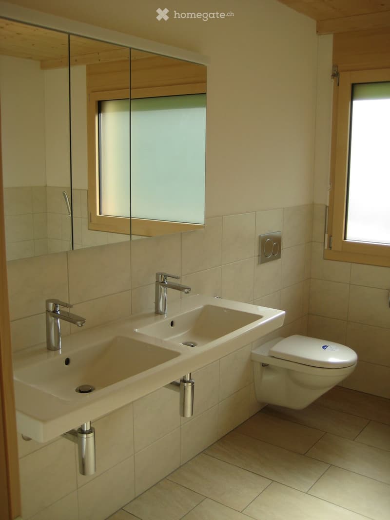 Modern bathroom with a double sink, chrome faucets, and a toilet. Light-colored tiles and wooden accents.