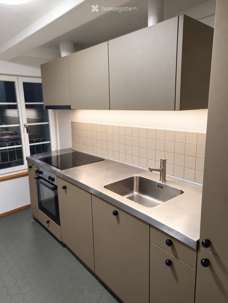 Modern kitchen with light-colored cabinets, stainless steel sink, faucet, and induction cooktop, featuring a window and sleek design.