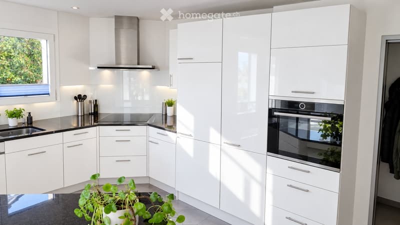 Modern white kitchen with sleek cabinets, stainless steel appliances, and a black countertop. Features include a built-in oven, a sink, and small potted plants on the counter.