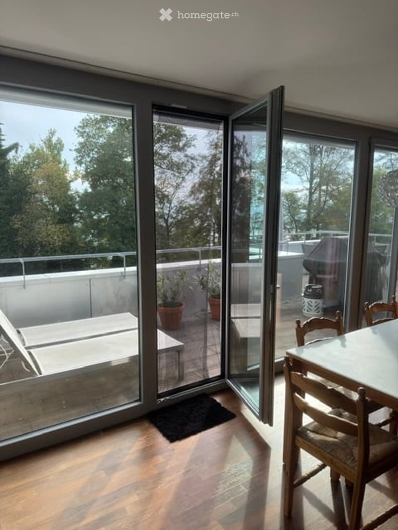 Bright room with large sliding glass doors opening to a balcony, wooden floor, white table, wooden chairs, and potted plants visible on the balcony.