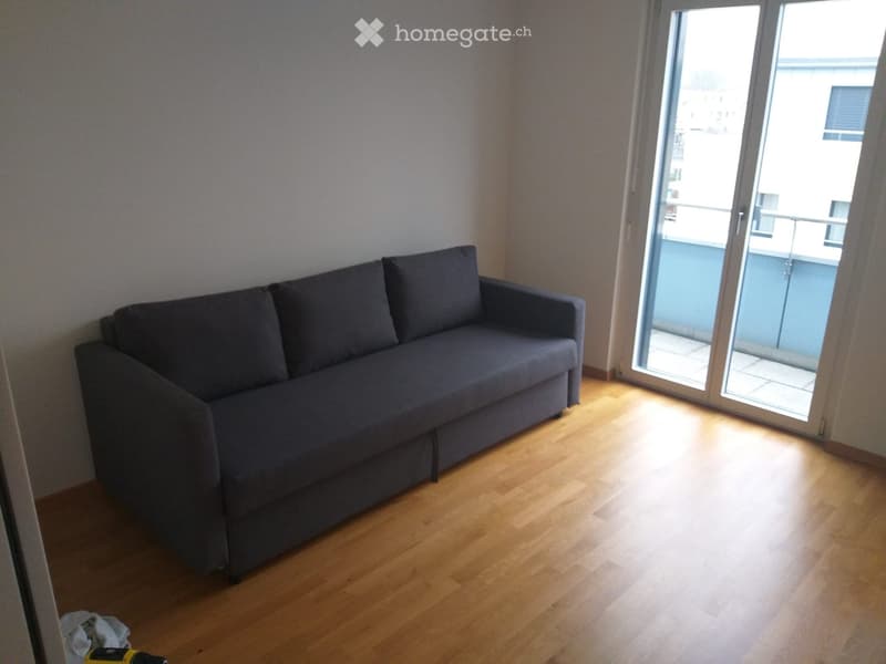 A modern living room with a grey sectional sofa, wooden flooring, and a large sliding glass door leading to a balcony.