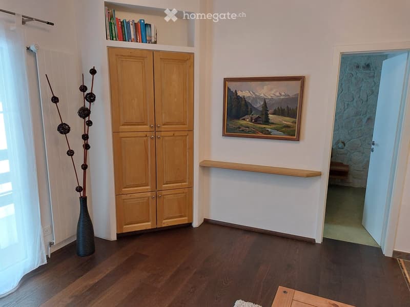 wooden floor, wooden closet, painting, curtain