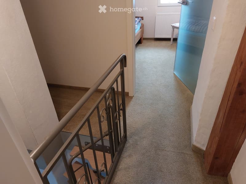 Entrance hallway with metal railings, carpeted floor, open bedroom with bed, white radiator, door with handle
