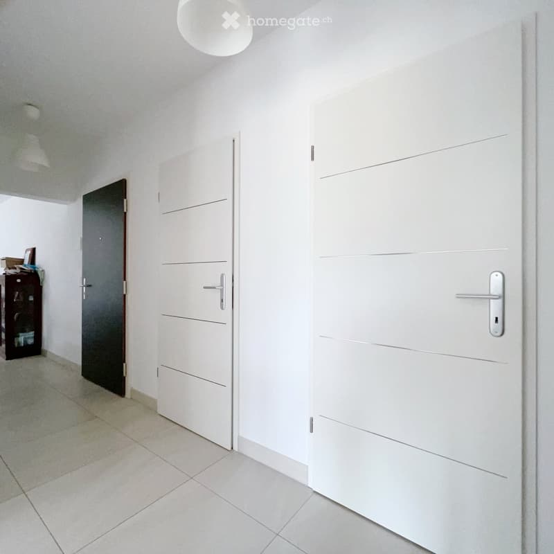 Modern hallway with white walls, tiled floor, and several doors including a dark wooden door and white panel doors.