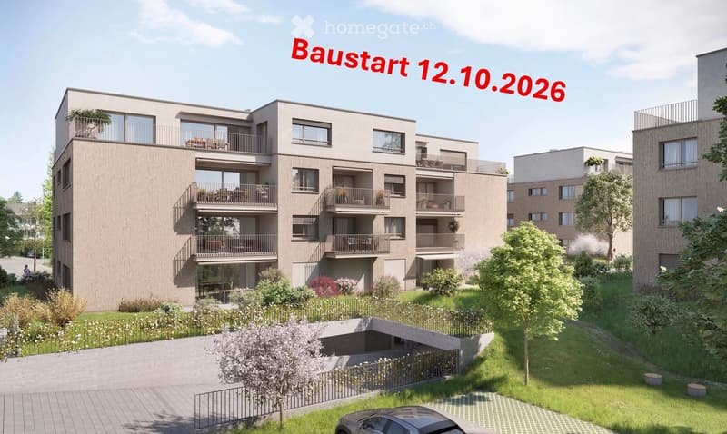 Modern multi-story residential building with balconies, surrounded by greenery and a parking area.