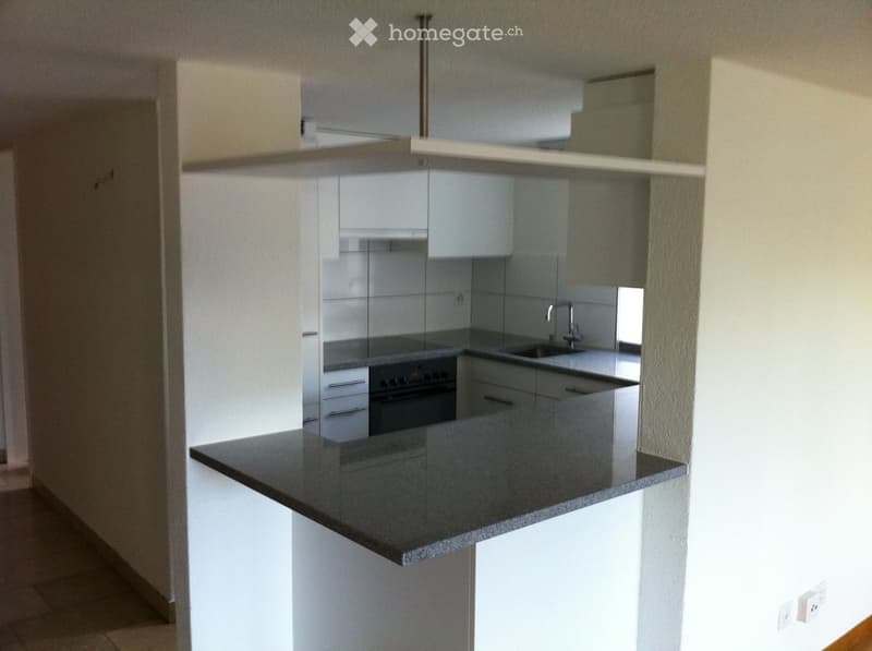 Modern kitchen with white cabinets, dark granite countertops, built-in oven, and stainless steel sink.