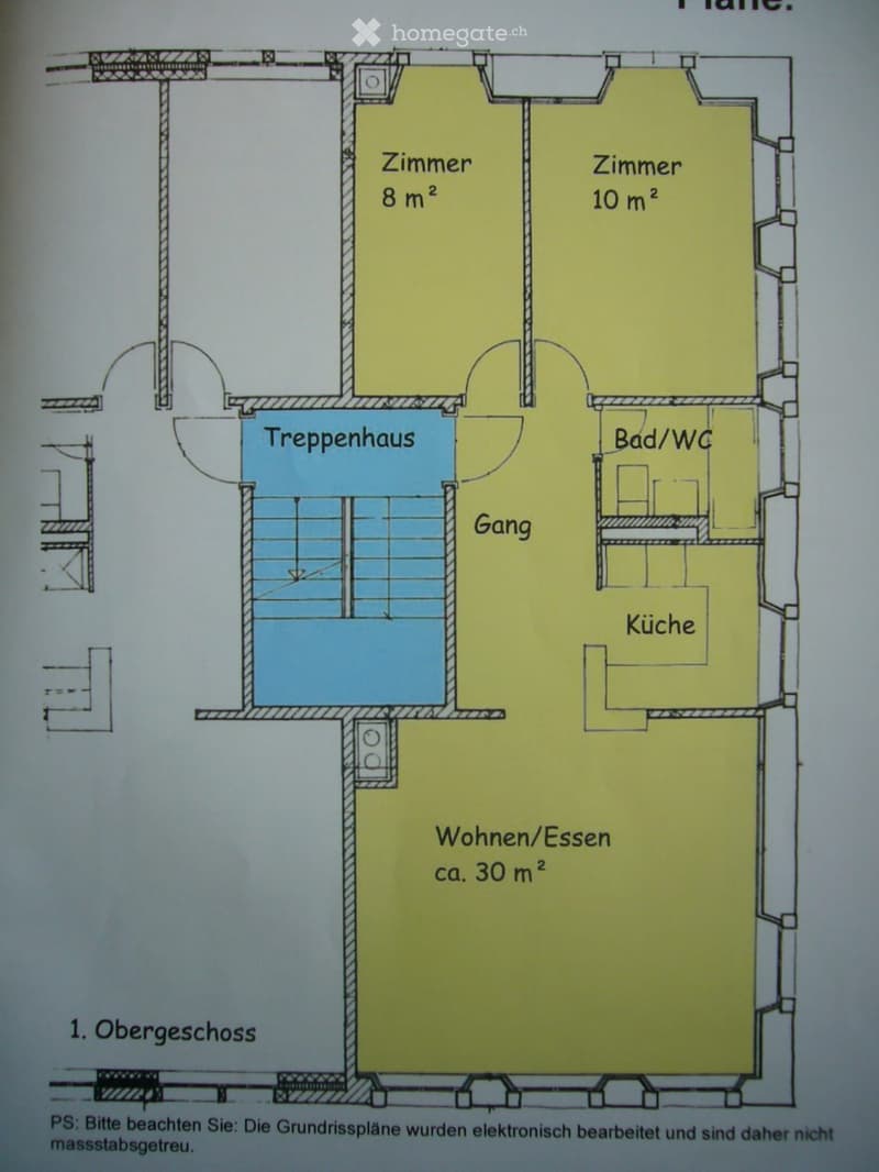 First floor layout includes living/dining area (30 m²), two bedrooms (8 m² and 10 m²), kitchen, bathroom/WC, hallway, and staircase.
