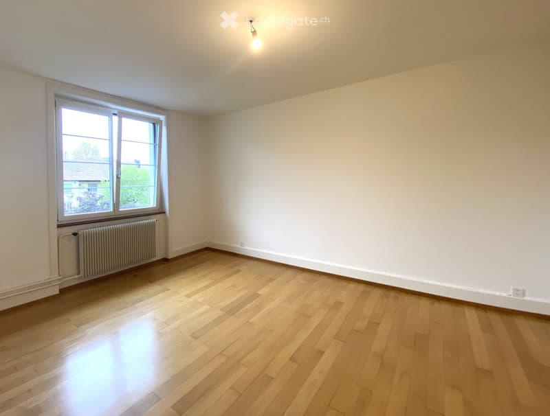 Empty room with wooden flooring, white walls, a window with a radiator below, and a single ceiling light fixture.