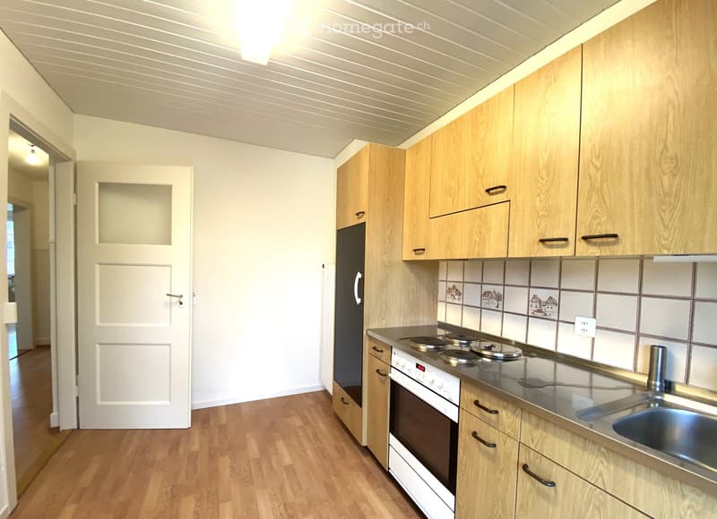 Modern kitchen with light wooden cabinets, stainless steel appliances, and a tiled backsplash featuring a countryside design.