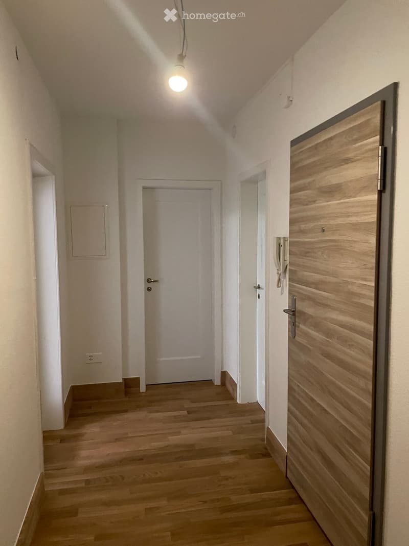 A narrow hallway with wooden flooring, white walls, and several doors leading to different rooms.