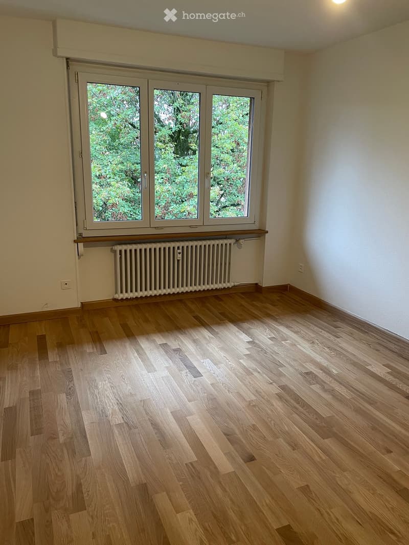 Empty room with wooden flooring, white walls, large windows with a view of greenery, and a radiator below the windows.
