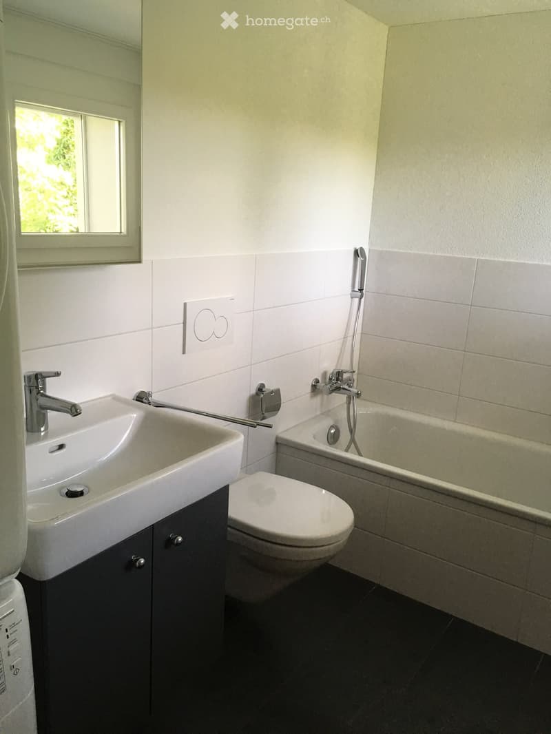 Modern bathroom with white tiles, a sink with a chrome faucet, a toilet, a bathtub with a handheld showerhead, and a window with blinds.