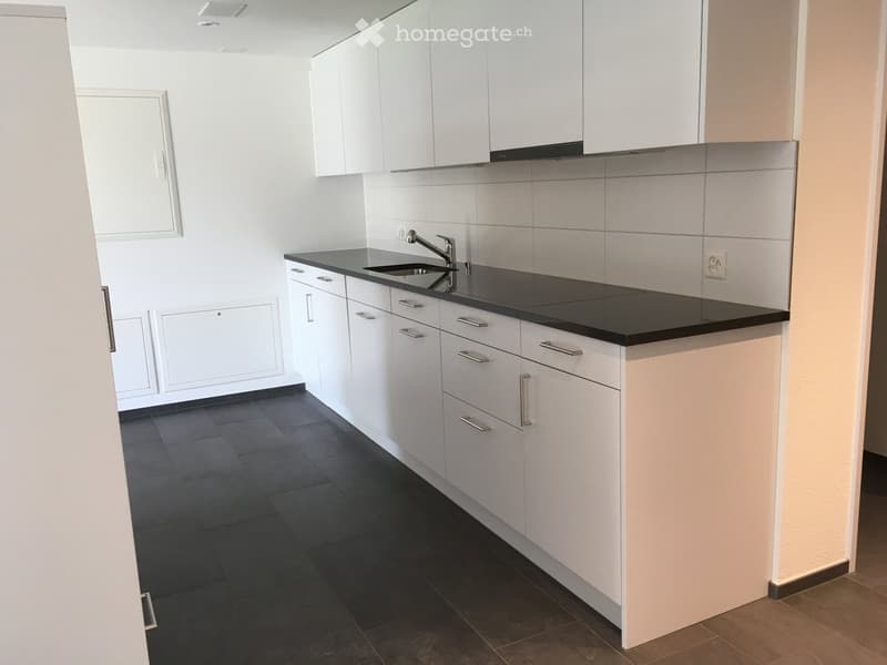 Modern kitchen with white cabinets, black countertop, and stainless steel sink.