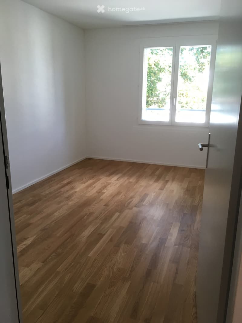 Empty room with light wooden flooring and white walls, featuring a large window with white frames and a door with a silver handle.