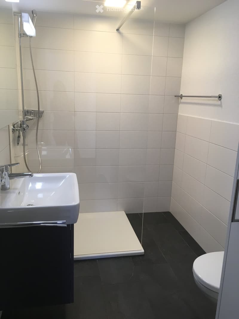 Modern bathroom with white tiles, black floor, sink, toilet, and shower stall.