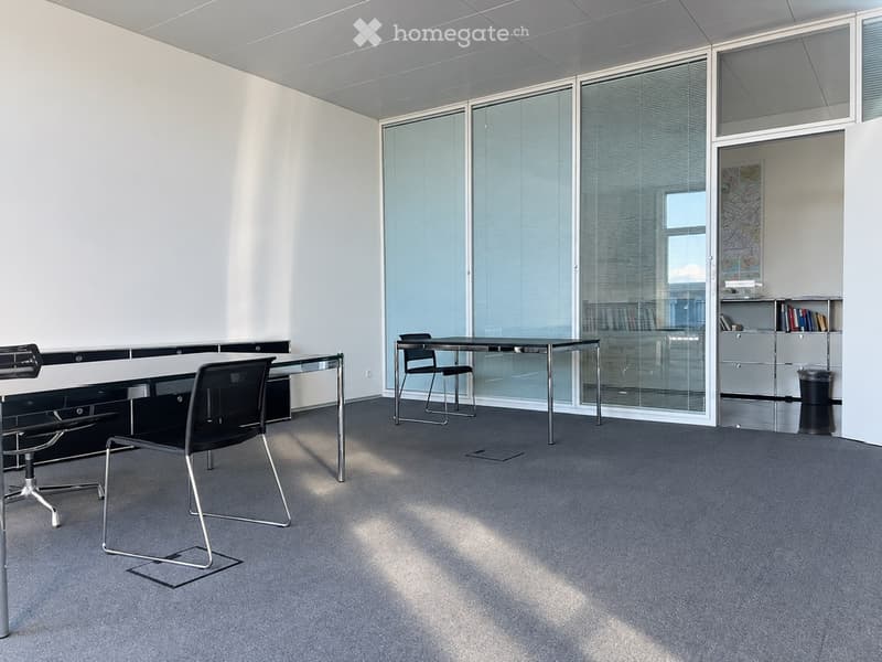 Modern office space with grey carpet, white walls, large windows with blinds, and two desks with chairs.