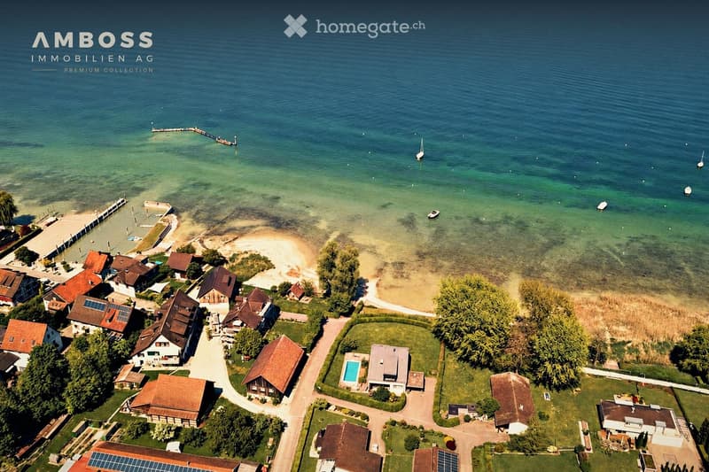 Aerial view of a lakeside residential area with multiple houses, a swimming pool, and a sandy beach leading to the lake. Several boats are visible on the water.