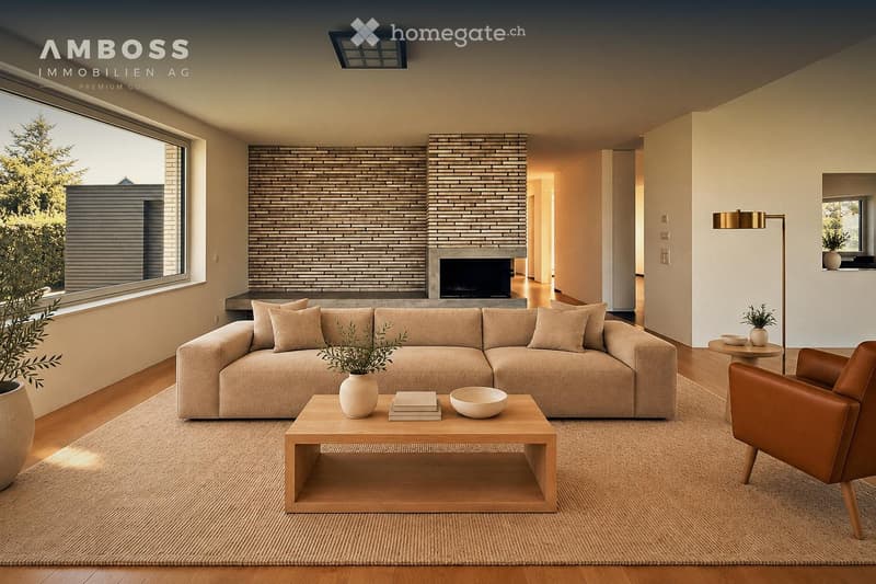 Modern living room with a large sectional sofa, coffee table, armchair, floor lamp, fireplace, and decorative items.
