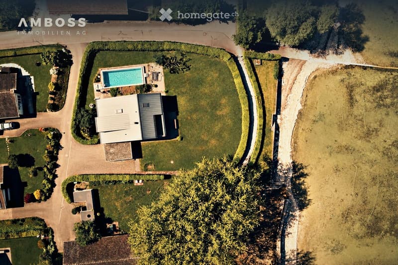 Aerial view of a residential property with a swimming pool, well-maintained lawn, and surrounding greenery.