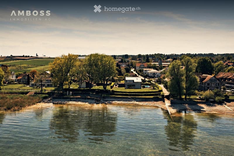 A serene lakeside village with houses, trees, and a calm lake reflecting the sky.