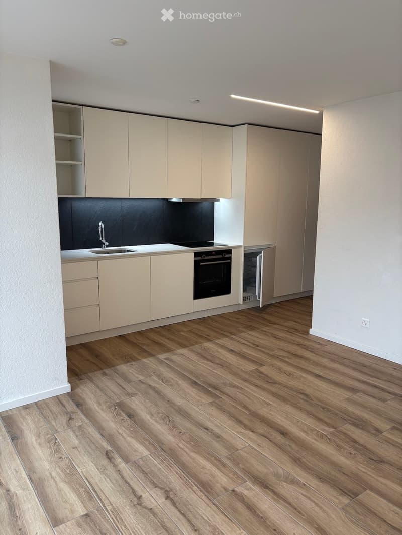 Modern kitchen with light-colored cabinets, wooden flooring, and stainless steel appliances including a sink and oven.