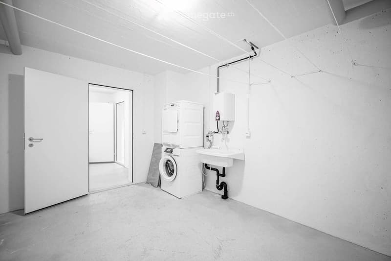 Minimalist room with white walls and ceiling, featuring a washing machine, a sink, and a water heater.