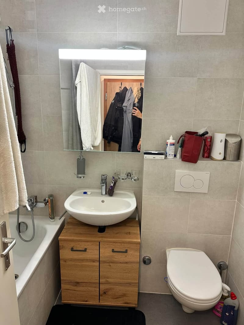 Modern bathroom with a white sink on a wooden cabinet, a large mirror with built-in lighting, a toilet, a bathtub, and various toiletries on the counter.