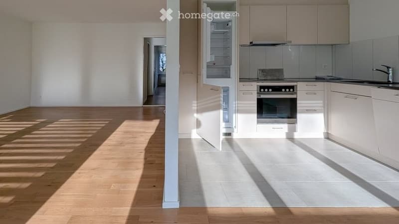Bright, modern kitchen with white cabinets, stainless steel appliances, and a wooden floor. The refrigerator is open, revealing its interior.