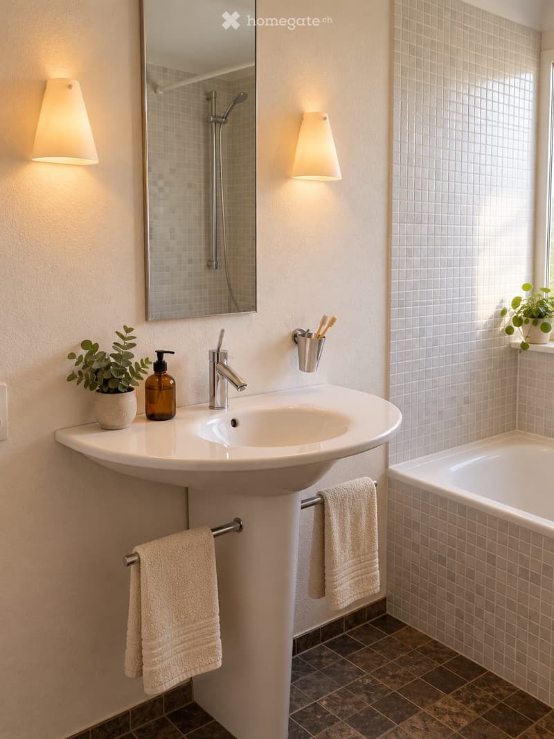 Modern bathroom with a white sink, chrome faucet, large mirror, two wall-mounted towels, toothbrush holder, soap dispenser, and small potted plants on the windowsill.
