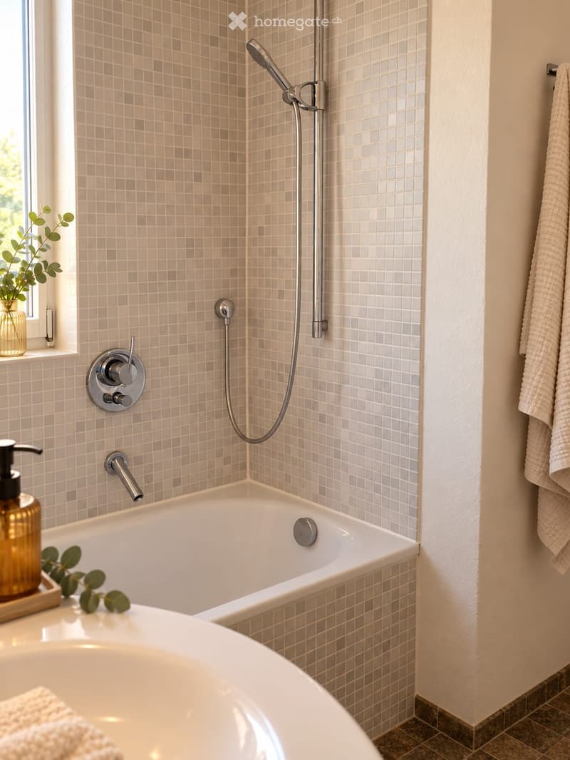 Modern bathroom with a bathtub, showerhead, towel, soap dispenser, and decorative vase on the windowsill.